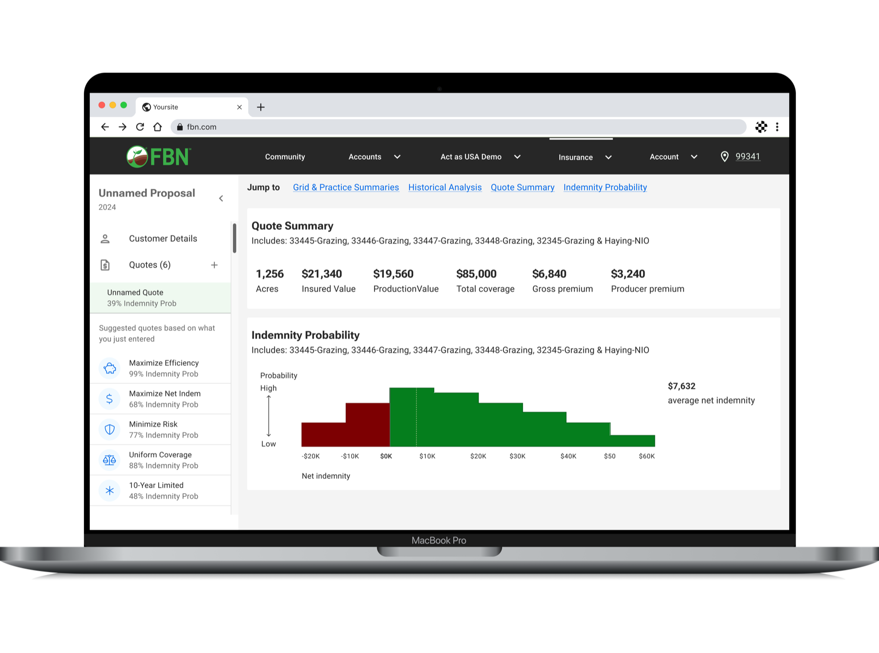 Indemnity probability histogram on desktop